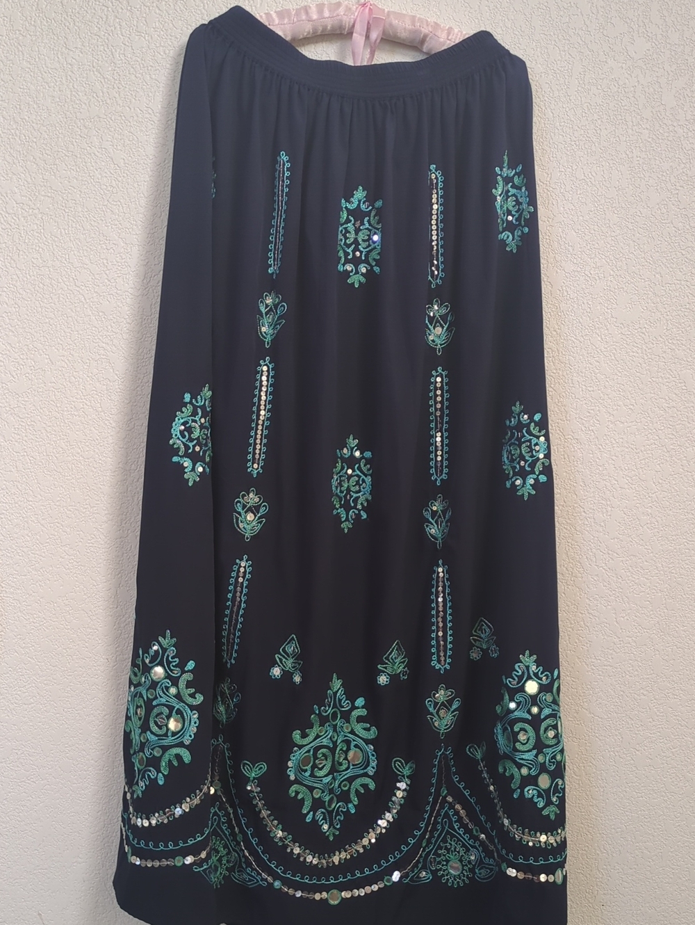 Boston Proper Navy Blue Maxi Skirt with Teal Embroidery